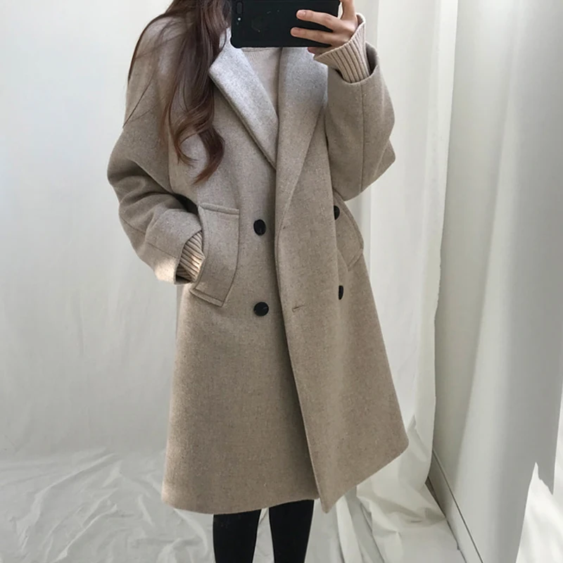Korean large size loose long hair woolen coat was thin new double-breasted plus cotton thickening student female long coat