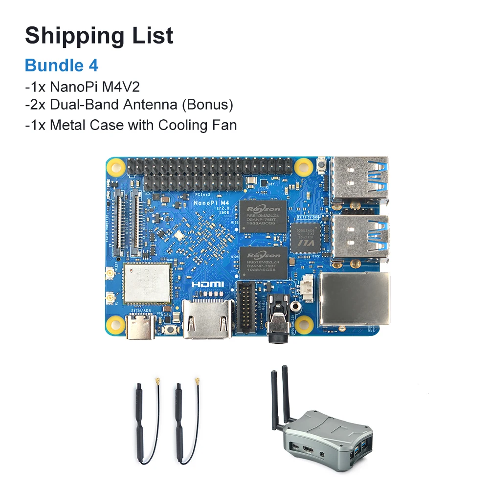 Комплект 4 FriendlyARM NanoPi M4V2 4 Гб DDR4 Rockchip RK3399 SoC 2,4G и 5G двухдиапазонный WiFi, Поддержка Android 8,1 Ubuntu, AI и глубокого обучения - Комплект: Комплект 4