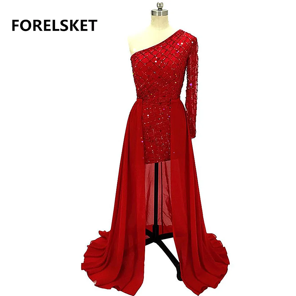

Two Pieces Crystal Beading Chiffon Prom Dresses 2020 One Shoulder Long Sleeve Sequined Appliques Evening Gowns Robe De Soiree