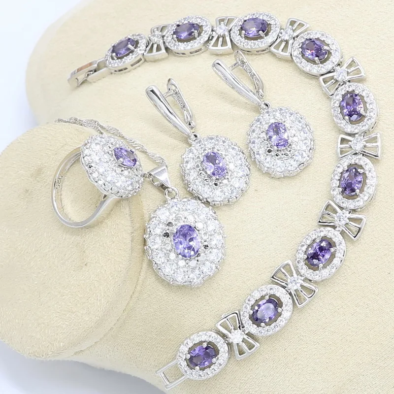 Фиолетовый кубический цирконий 925 Серебряный набор украшений для женщин с браслетом серьги ожерелье кулон кольцо подарочная коробка