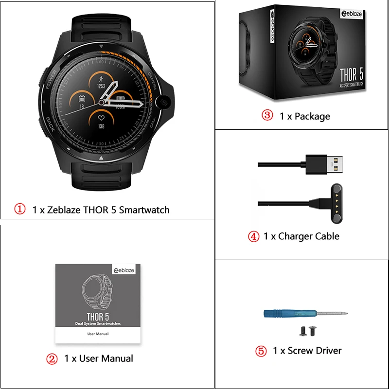 Смарт-часы Zeblaze THOR 5 с двойной системой, 4G, Wi-Fi, Android, IOS, камерой, фитнес-трекером - Цвет: black