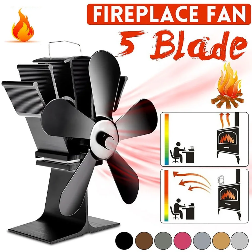 Stove Fan 5 Blade Fireplace Fan Heat Powered Stove Fan Fuel-Saving Fan Aluminum Log Wood Burner Home Efficient Heat Distribution