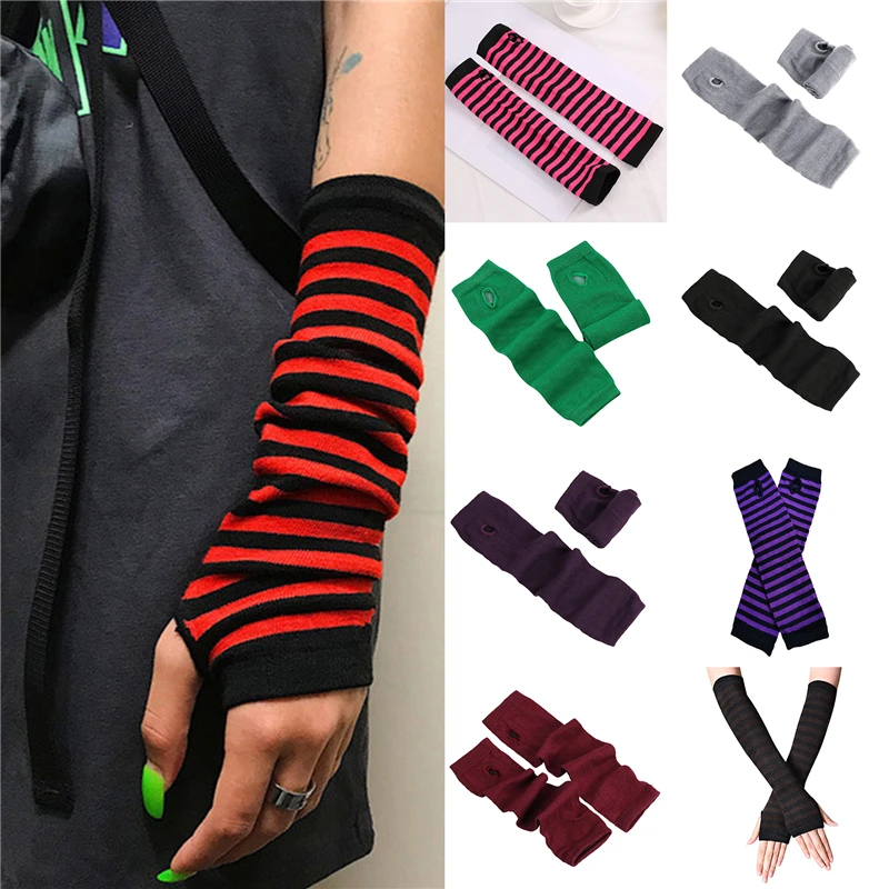 

Women Long Fingerless Gloves Fashion Striped Elbow Gloves Warmer Knit Mittens Work Gloves
