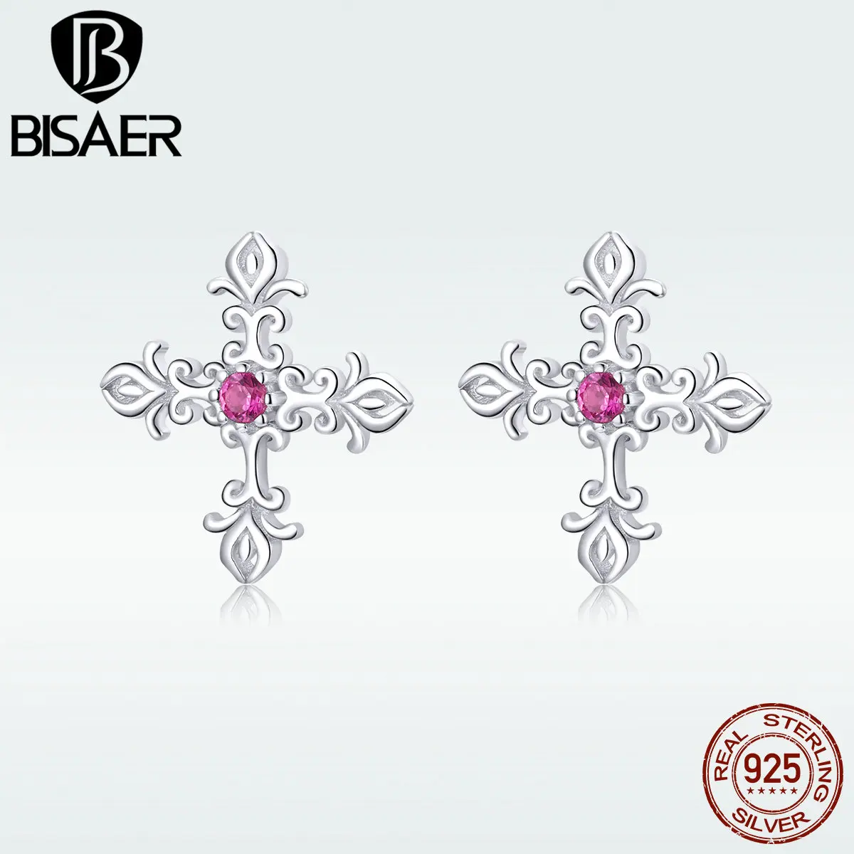 

BISAER Cross Decorated Stud Earrings Pray Zircon Exquisite Brand Best 925 Sterling Silver For Women Gift Friendship HVE123