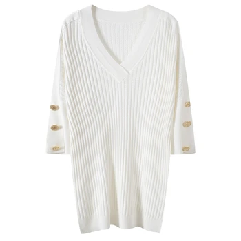 

2020 Hollow Out Knitted Women Pullovers Sweater Buttons Female Spring Sweater V-Neck Casual Ladies Jumper Oversized Pull Femme