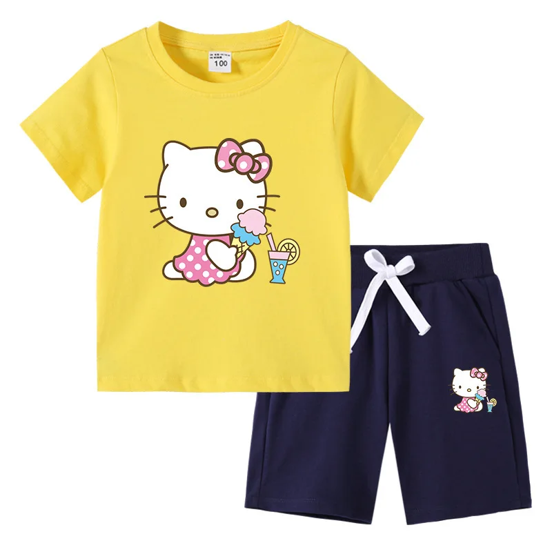 thumbnail image 1 of Hello Kitty verano niños pequeños de algodón de manga corta camiseta traje niños pantalones cortos de manga corta conjunto de dos piezas ropa para niños, 1 of 5