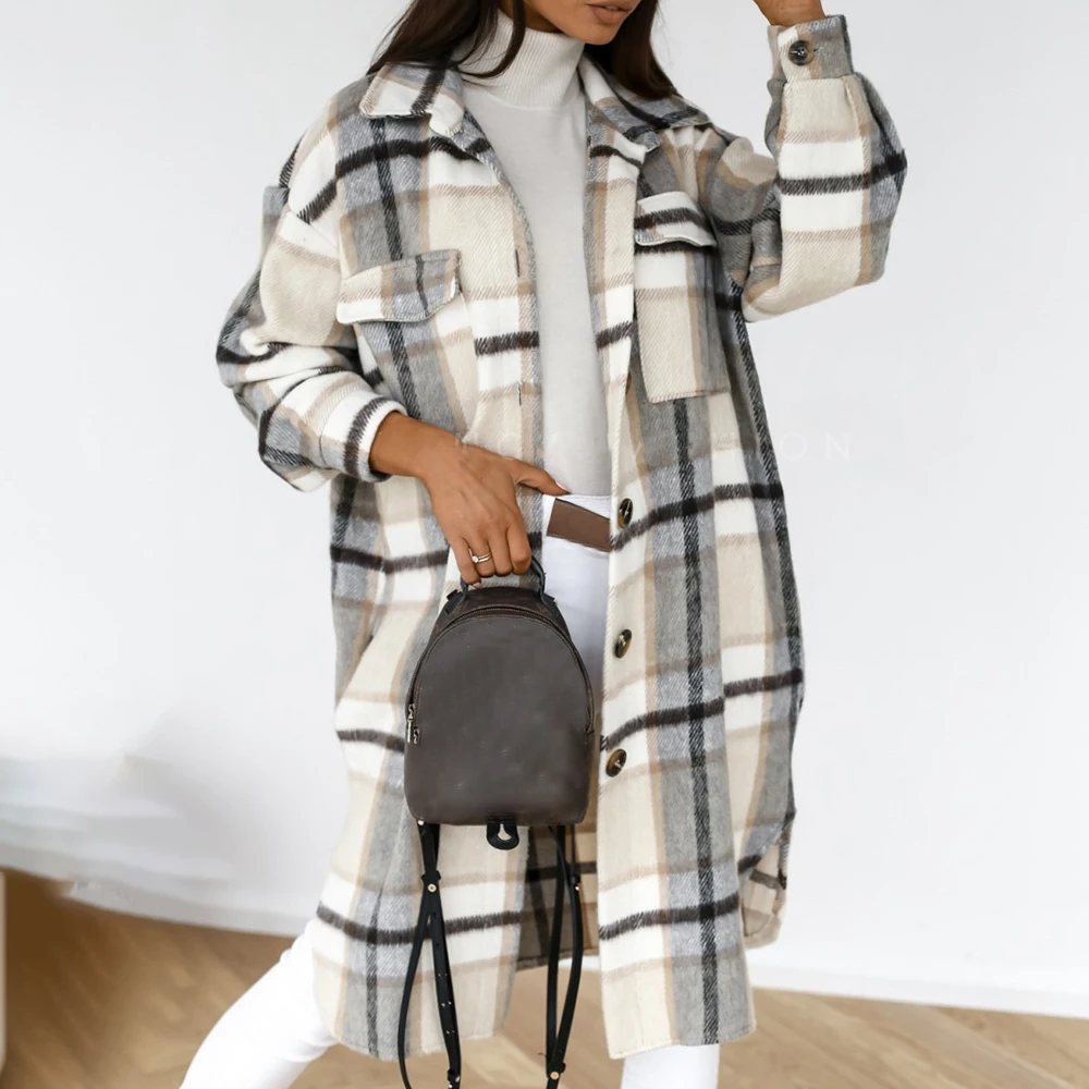 2021 Winter Checked Women Jacket Down Overcoat Warm Plaid Long Coat Oversize Thick Woolen Blends Retro Female Casual Streetwear