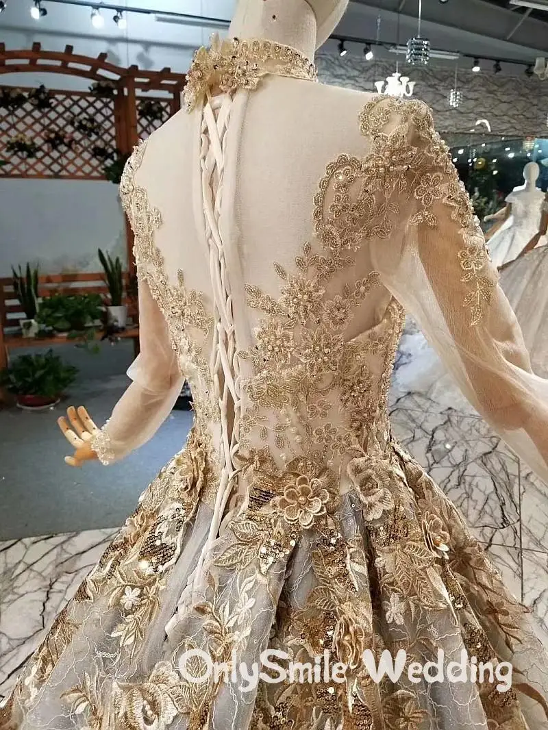 Vestidos De Novia золотые кружевные свадебные платья мусульманский, арабский Высокий ворот, прозрачное с длинным рукавом Плюс Размер Свадебные платья ислам суд поезд