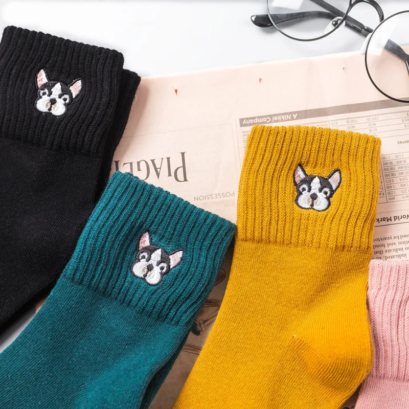 Socks for women cotton embroidery French bulldog sock ladies cartoon winter thick socks female casual kawaii sox dropshipping