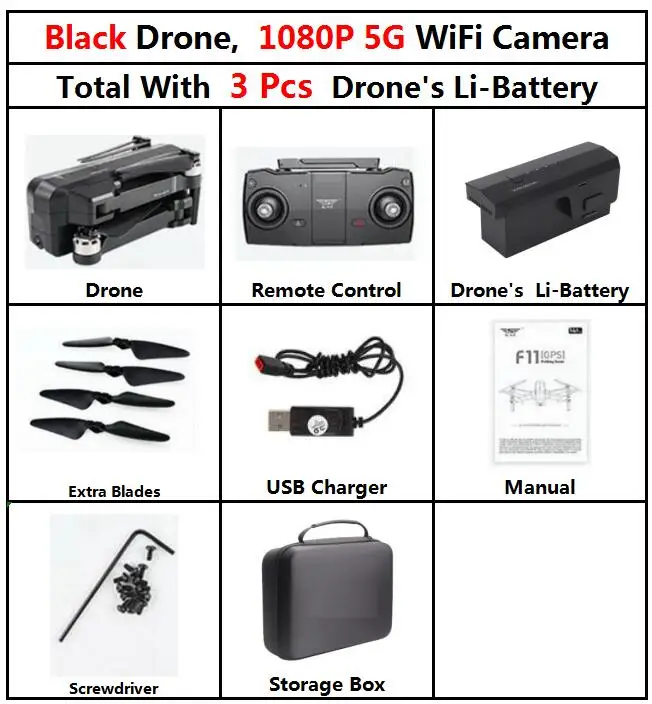F11 1080P 3b Black SJRC F11 PRO gps RC складной Дрон Квадрокоптер вертолет с Wifi FPV 1080 P/2 K HD камера бесщеточный 25 минут время полета - Цвет: F11 1080P 3b Black