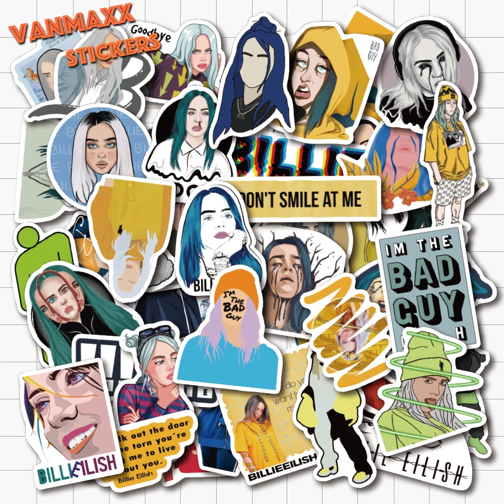 VANMAXX 50 шт. 21 век новая звезда популярная музыкальная певица Billie Eilish ПВХ наклейка для шлем для ноутбука велосипедный багаж гитарная наклейка