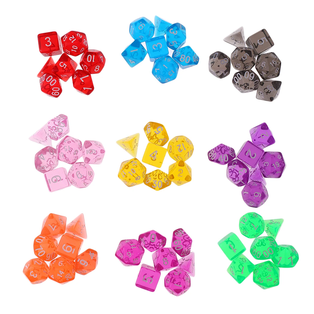 63pcs/bag 9-color D4-D20 Multi-Sided Game Clear Dices for D&D RPG Board Game