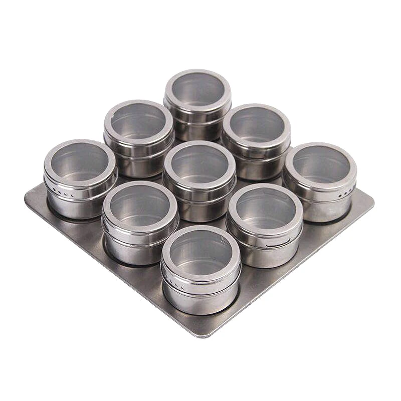 9pcs 6/9 шт с магнитным дном для специй Набор банок из нержавеющей стали солевой и Перцовый спрей шейкеры специй стойки коробка для приправ и специй контейнер - Цвет: 9pcs