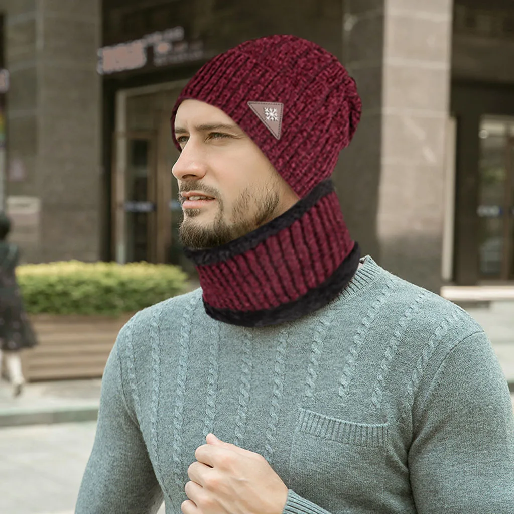 Мужская зимняя шапка с бархатным воротником вязаная плюс бархатные шапки шарфы
