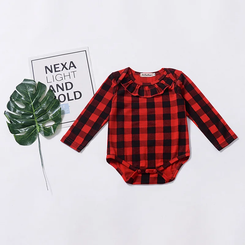 Новые Боди для маленьких девочек, Красный Клетчатый комбинезон с круглым вырезом и длинными рукавами, гимнастический костюм детская одежда