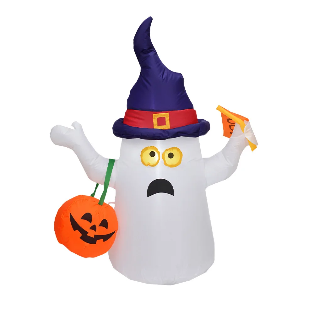 120CM 4 Foot Inflatable Ghost With Witch Hat Holding Pumpkin Bag Halloween LED Illuminate Toys Indoor Outdoor Yard Decorations 5