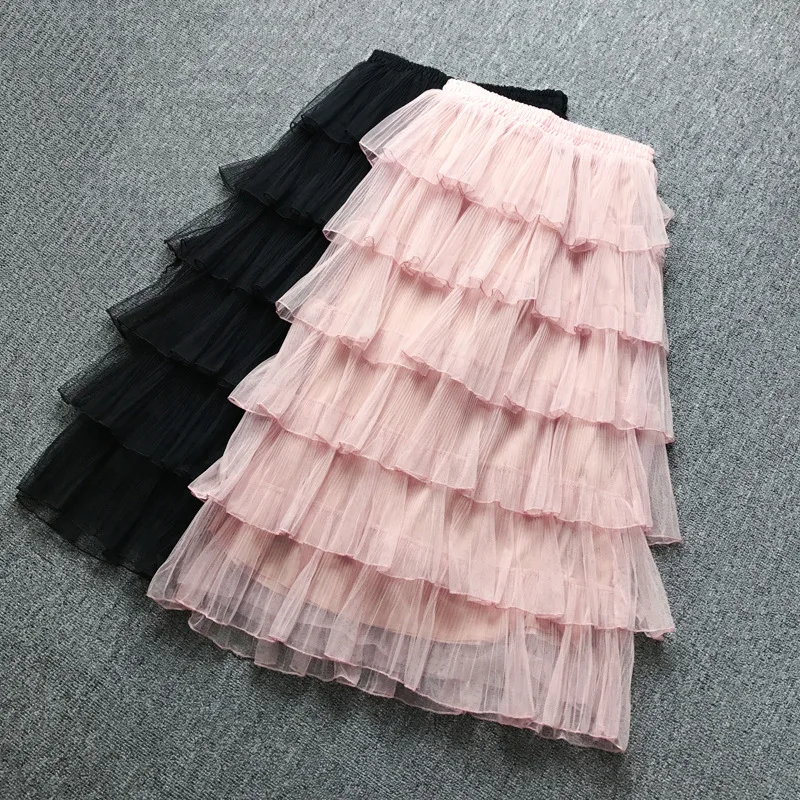 Женские Асимметричные тюлевые юбки Эластичная Высокая талия сетчатая юбка-пачка со складками Длинная Юбка-миди Saias Faldas Jupe Femmle