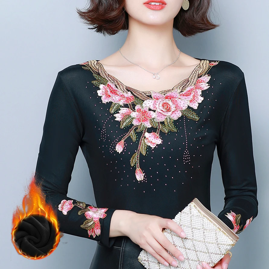 Camisas mujer осенне-зимняя кружевная рубашка плюс бархатная плотная футболка вышитая рубашка с длинным рукавом Женские топы Футболка