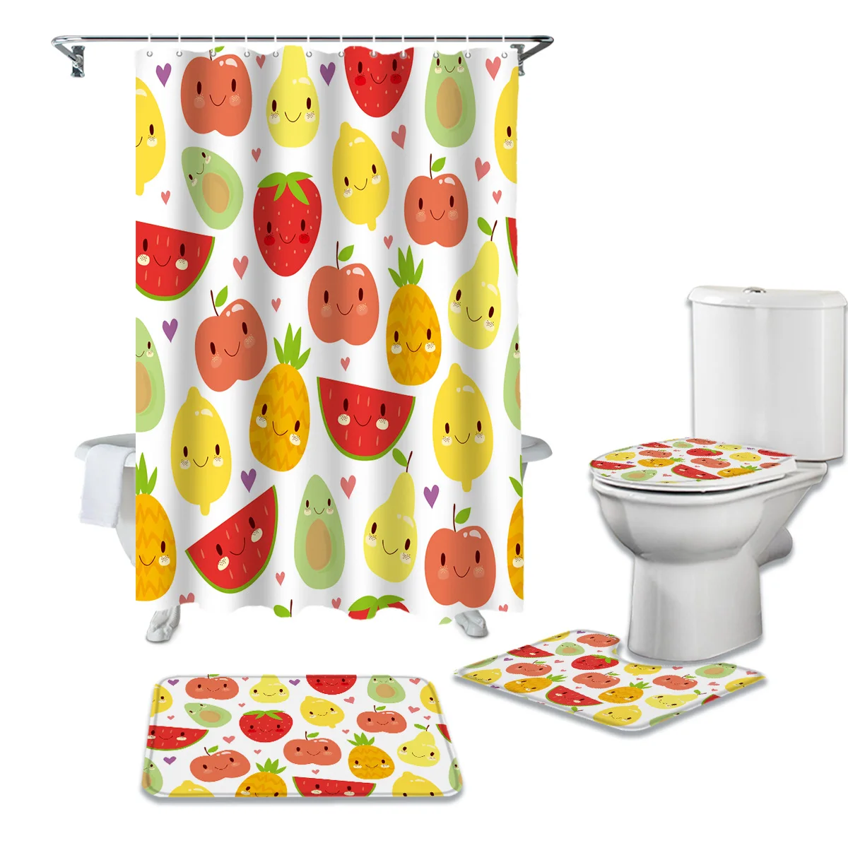 Cartoon Fruit Cute Strawberry Shower Curtains Set Bath Mat Set Toilet