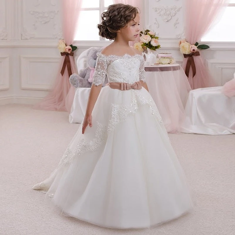 От 2 до 12 лет, элегантное платье для девочки Vestido de Primera Communion, платье на шнуровке с аппликацией; фасон «Замочная скважина»; мягкий тюль бальное платье