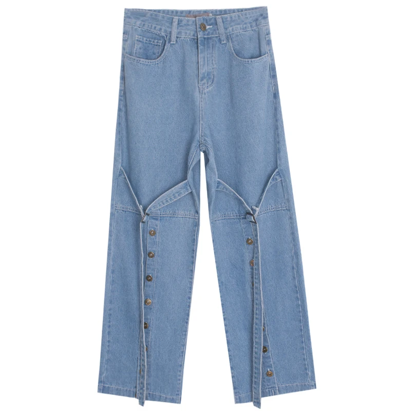 Street hip hop autumn new splicing buckle jeans split tooling buckle handsome cowboy wide leg jean BF