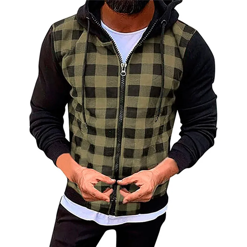 Suéter con capucha para hombre, estampado a cuadros, cremallera suave, diseño con cordón, puños elásticos, ropa de talla grande para Otoño e Invierno