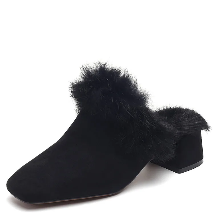 

Spring And Autumn New Style 2019 Slip-on Celebrity Style Low Heel Furry Slipper plus Velvet Fur Shoes Women's Chunky-Heel