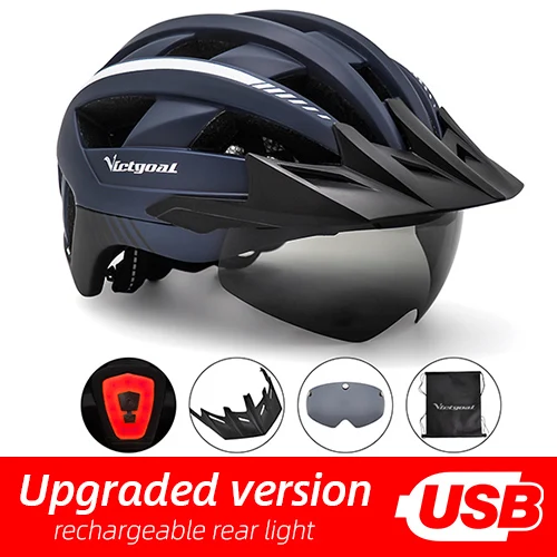Victgoal MTB светодиодный велосипедный шлем USB Перезаряжаемый задний фонарь велосипедный шлем горная дорога солнцезащитный козырек поляризованные очки велосипедные шлемы - Цвет: Navy USB LED