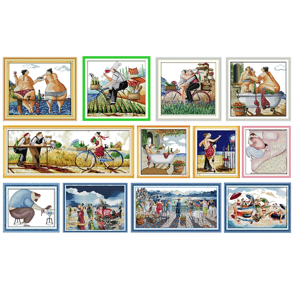 Cross Stitch Kits for Beach, Fat Married, Enjoy Life, Tango Father's Love Comb Braids, Sleeping Ball, Leisure Life Sea Party
