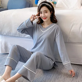 

Blue Nightwear Women Sleep Set Sleepwear Cotton Soft Home Clothing Pajamas Suit Casual Intimate Lingerie Autumnr New Home Wear