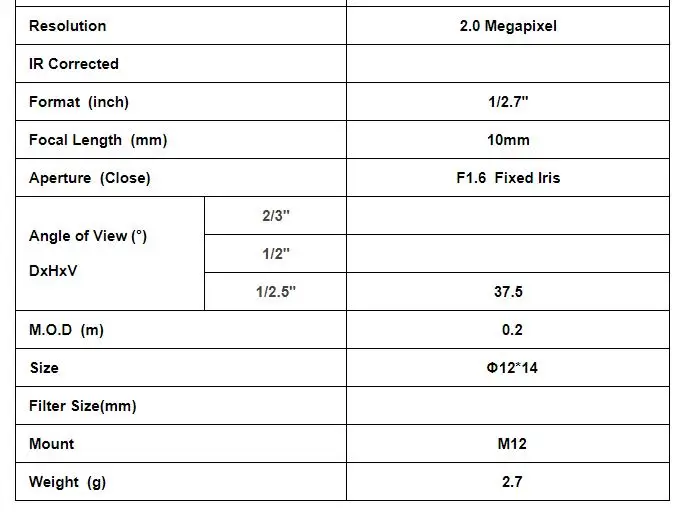 1/2.7 M12 Ȧ , (10mm),