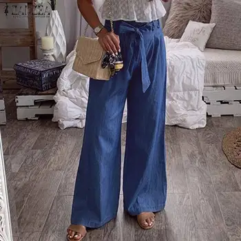 

2020 ZANZEA Women Office Lady Chic Long Trousers Cotton Linen Wide Leg Pants Casual Ruffles Elastic High Waist Belted Pantalones
