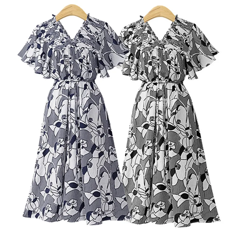 

Collapse Environment for Europe And America Large Size Dress Printed Horizontal Neck Chiffon Loose-Fit Dress Fat Mm Skirt D134
