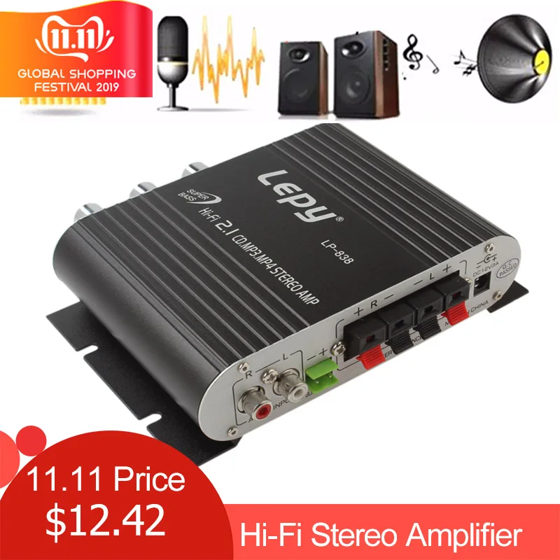 Online Lepy LP 838 amplificador de coche de potencia Hi Fi 2,1 MP3 Radio Audio estéreo bajo altavoz Booster Player para moto hogar sin enchufe de alimentación