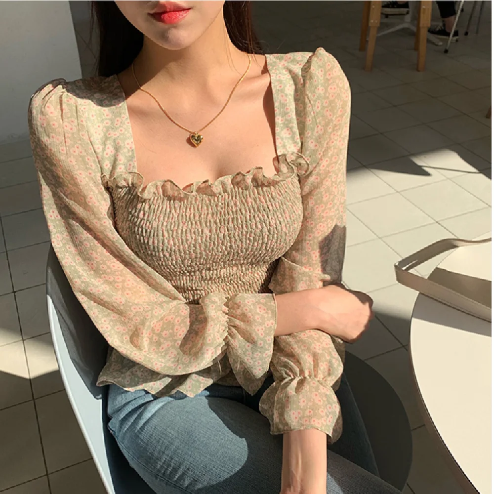 Transparent Vintage Print Shirt Oversize Tops Women Long sleeve Girls Chiffon Blouse Summer Women Blouses New femme Blusas