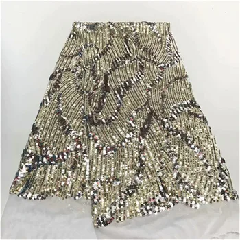 

gold Sequins Net Lace Fabric 2019 High Quality African Mesh Wedding Bride Dress Sewing Sequined Embroidered Material