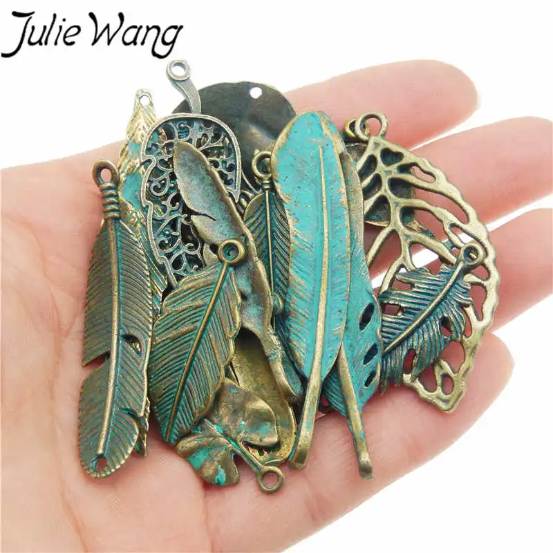 Julie Wang 14pcs Leaves Feather Charms Alloy Antique Bronze Random Mixed Pendants Necklace Findings Jewelry Making Accessories|Charms|   - AliExpress