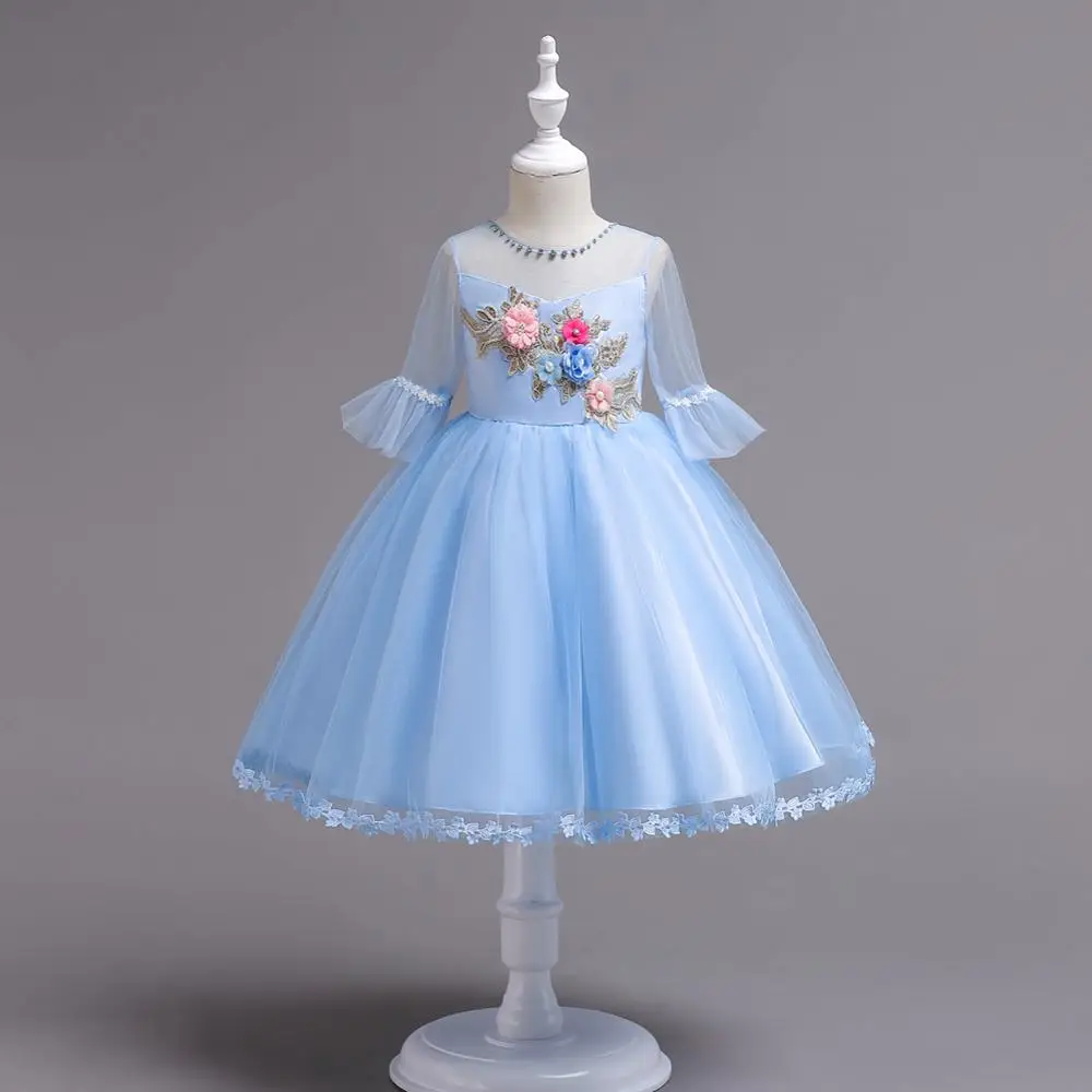 Детское платье; юбка принцессы для выступлений; маленькое платье для девочек; платье для фортепиано костюм; платье для сцены; платье с цветочным узором для девочек - Цвет: blue