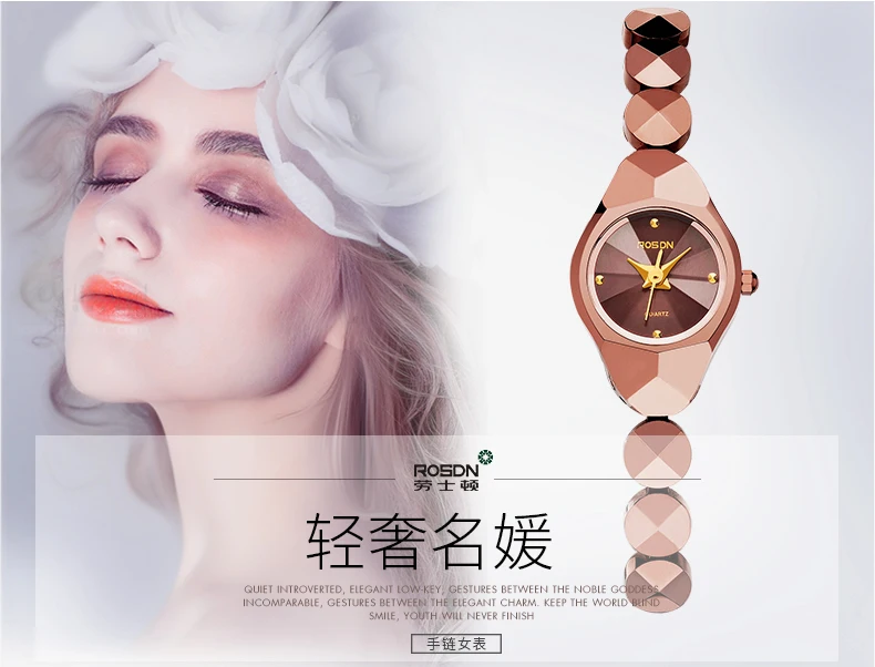 Rosdn-relógios femininos luxuosos, com pulseira de aço