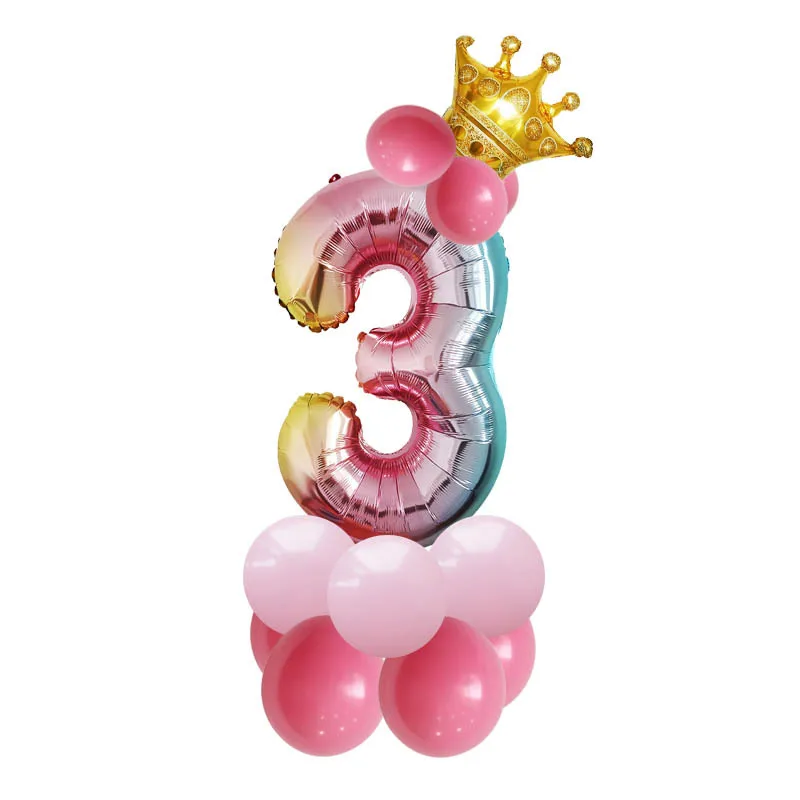 14 шт. Радуга Цвет воздушные шары из фольги в виде цифр комплект корона принцессы для вечеринки, дня рождения для девочек; украшения в честь Детские принадлежности для мячей