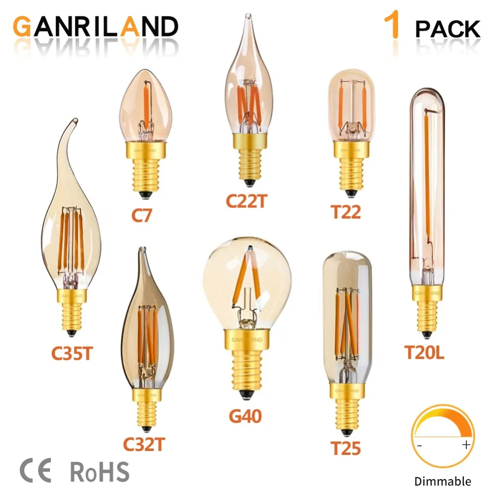 GANRILAND Retro Vintage Edison Dimmable LED Filament Light Bulbs E12 E14 Amber Glass Bombilla C7 T16 C35 G40 110V 220V Lamp Bulb