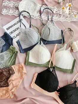 

Wriufred Gathering comfortable women's underwear without rims adjustable breast lingerie lace sexy bra set