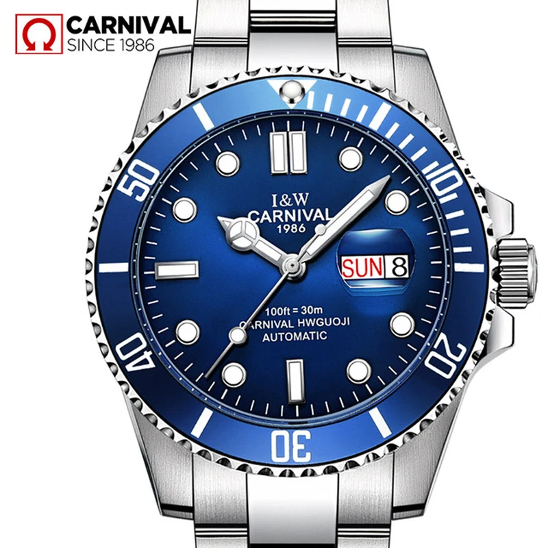 Carnival Top Brand Men Watch Military Sport Automatic Mechanical Watches Luminous Waterproof Stainless Steel Relogio Masculino