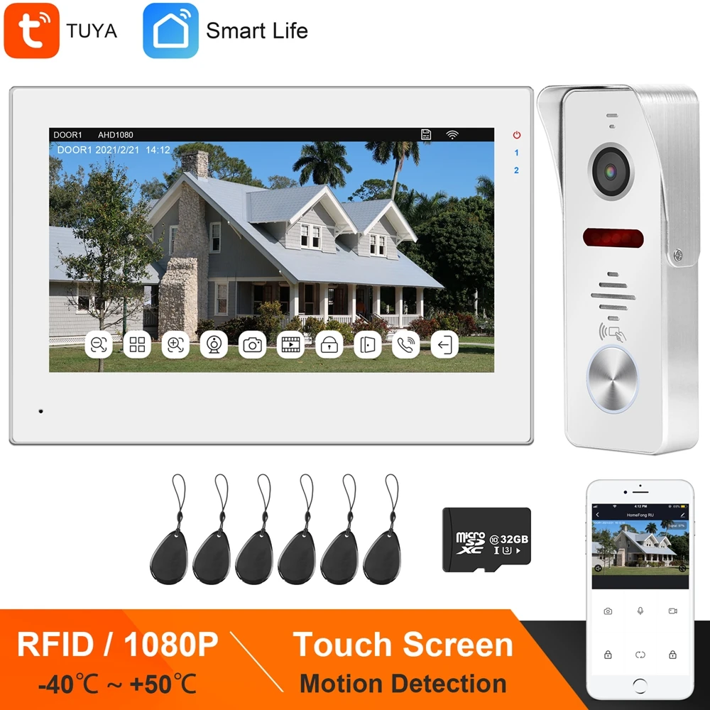 HomeFong WIFI Video Intercom for Home TUYA Smart Life IP Intercom Apartment 7 Inch Touch Screen 1080P RFID Video Doorbell Camera
