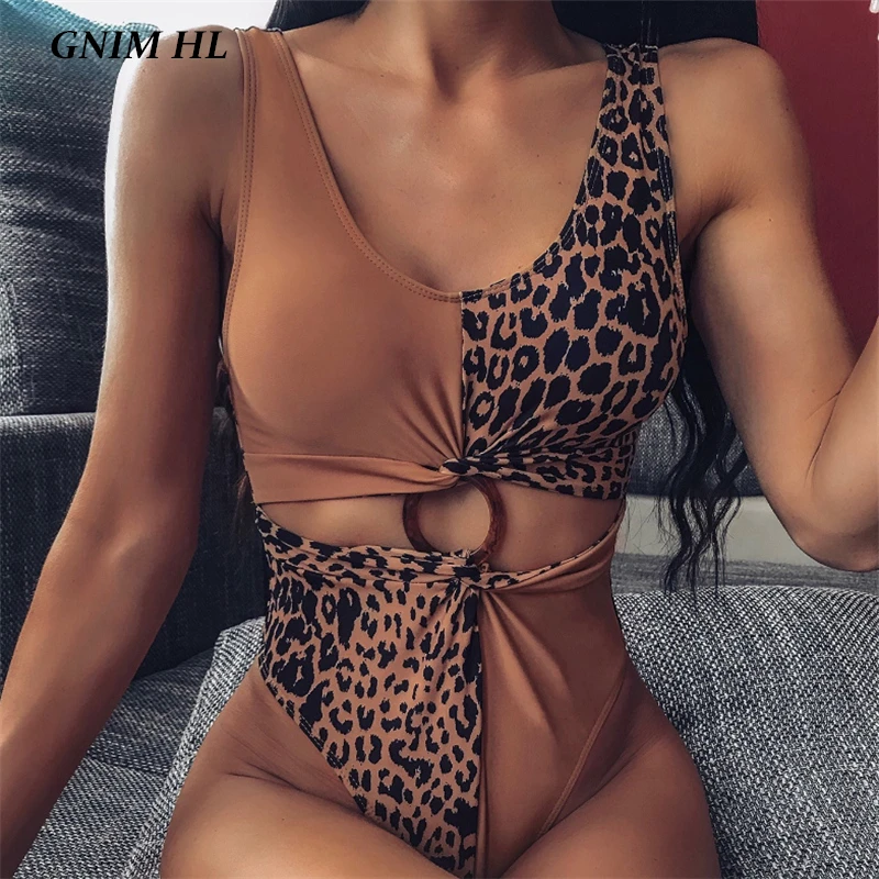 

GNIM One Piece Swimsuit Women Bikini Mujer 2020 Leopard Stitching Swimwear Push Up Sexy Bodysuit Hollow Out Bathing Suit Women