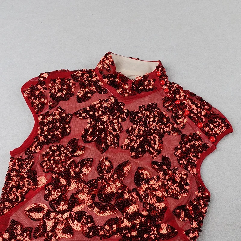 VC женское красное платье сетка сплайсинга Красные Блестки Vestidos водолазка знаменитости Рождественская вечеринка мини облегающее платье