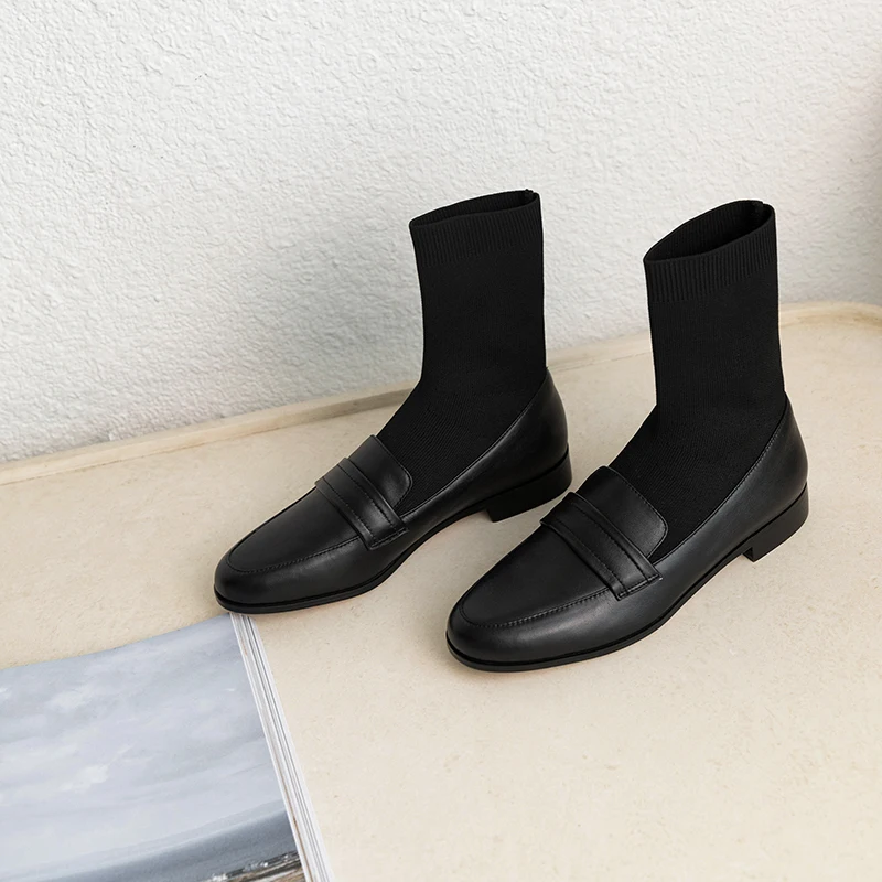 Women's genuine leather Stretch knitting patchwork slip-on flats autumn ankle boots leisure soft comfortable short booties shoes
