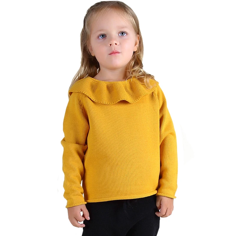 Детский свитер для девочек; свитер с воротником в виде листьев лотоса; желтый зимний вязаный свитер; Милая Одежда для маленьких девочек; свитер