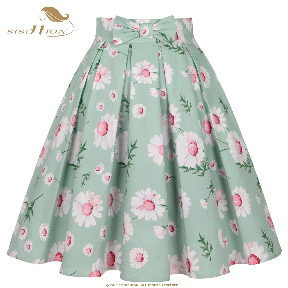 SISHION Light Green Floral Printed Cotton Pleated Skirt with Bow SS0012