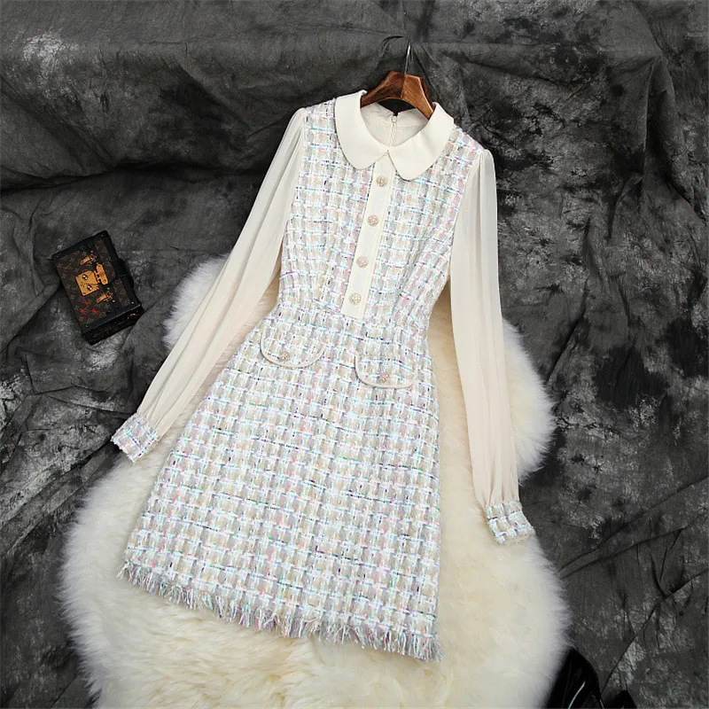 Новое Брендовое модное дизайнерское подиумное осеннее платье для женщин Vestidos Питер Пэн воротник шифон пэчворк твидовый в клетку шерстяные платья